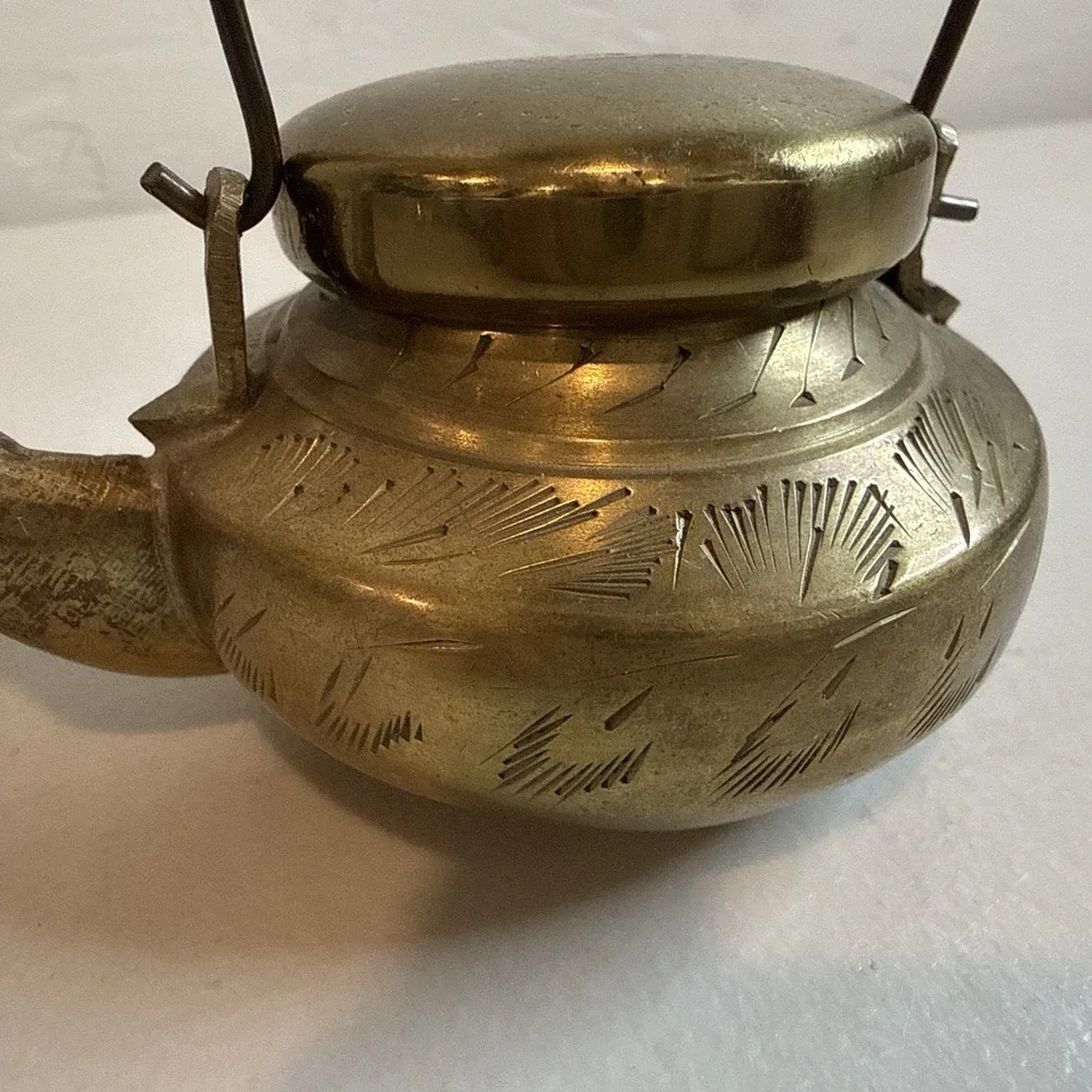 Vintage Miniature Brass Teapot Etched Wood Handle Dollhouse Collectible India